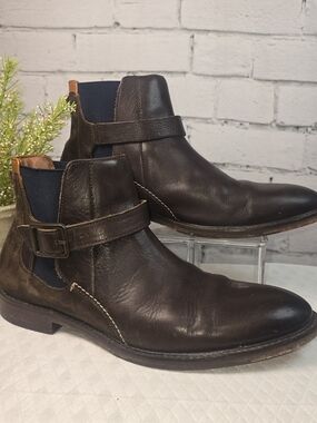 Johnston & Murphy 1850 Brown Leather Chukka Boots with Navy Elastic mens 9